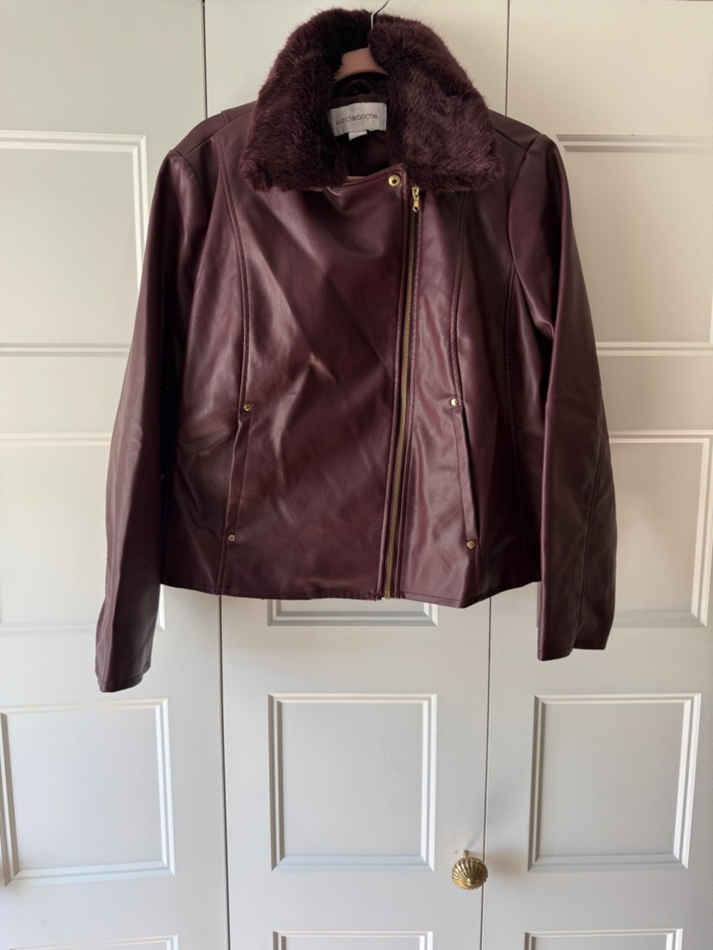 Liz Claiborne Faux-Leather Moto Jacket with Detachable Faux-Fur Collar - SZ XL